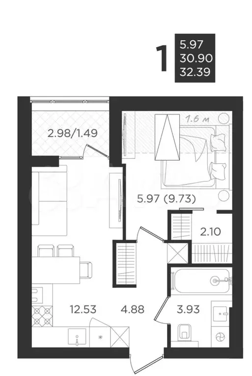 1-к. квартира, 31 м, 4/4 эт. - Фото 1