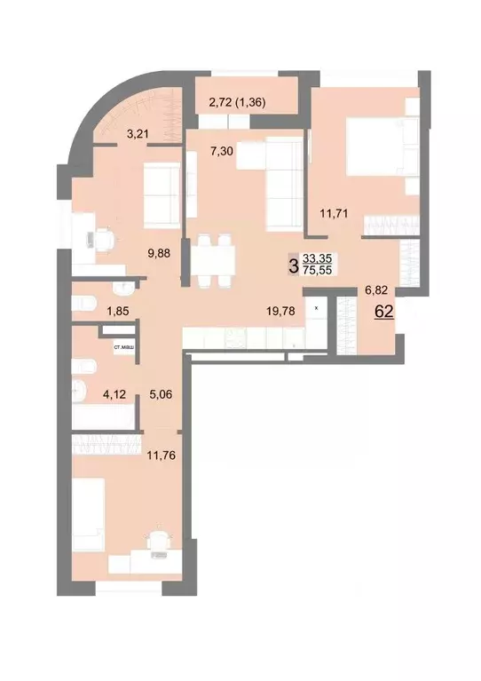 3-к кв. Свердловская область, Екатеринбург Широкая Речка мкр,  (75.55 ... - Фото 0