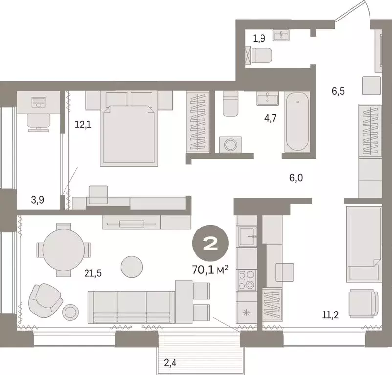 2-комнатная квартира: Тюмень, Краснооктябрьская улица, 4к3 (70.09 м) - Фото 1