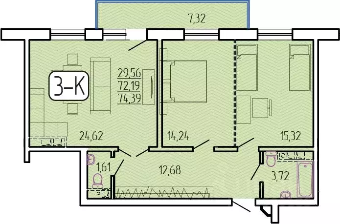 3-к кв. Бурятия, Улан-Удэ 140А мкр,  (74.39 м) - Фото 1
