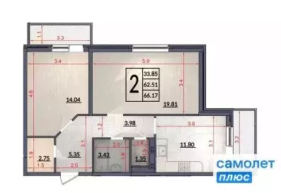 2-комнатная квартира: Краснодар, улица Героев-Разведчиков, 11к1 (66.2 ... - Фото 1