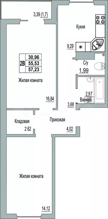 2-к. квартира, 57,2 м, 5/9 эт. - Фото 0