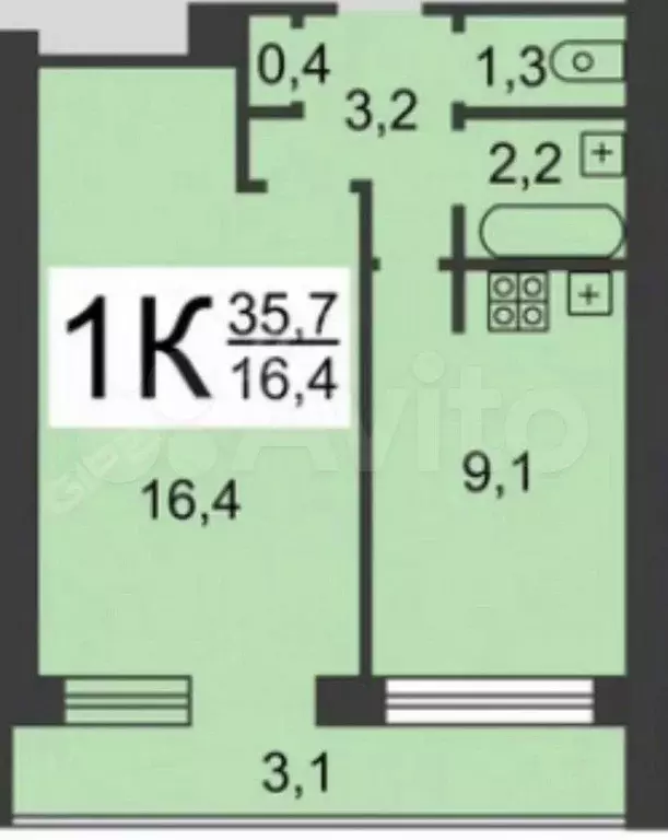 1-к. квартира, 30 м, 5/9 эт. - Фото 0
