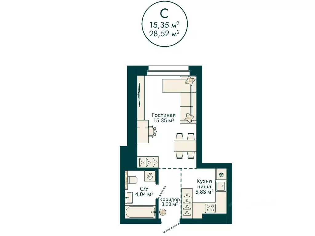 Студия Башкортостан, Уфа Сердце Уфы жилой комплекс (28.52 м) - Фото 2