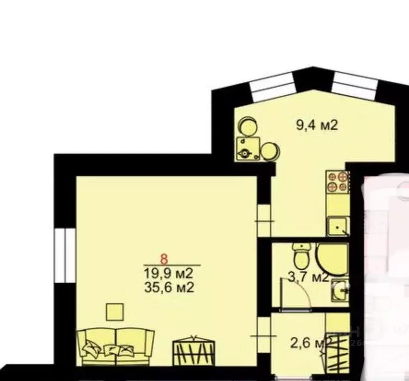 Квартира, 1 комната, 35.6 м - Фото 1