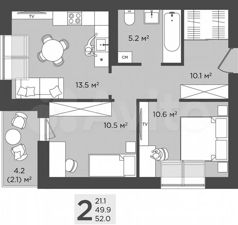 2-к. квартира, 52 м, 4/4 эт. - Фото 1