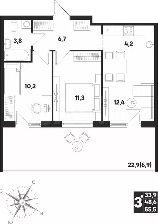 3-к. квартира, 55,5м, 2/9эт. - Фото 0