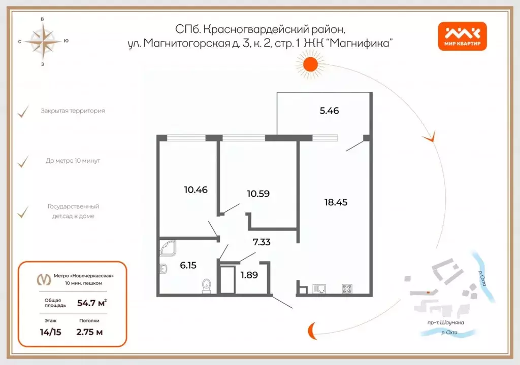 2-к кв. Санкт-Петербург Магнитогорская ул., 3к2 (54.8 м) - Фото 1