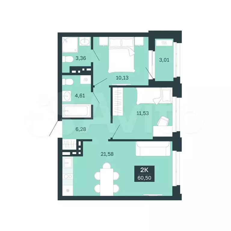 2-к. квартира, 57,5 м, 6/25 эт. - Фото 0