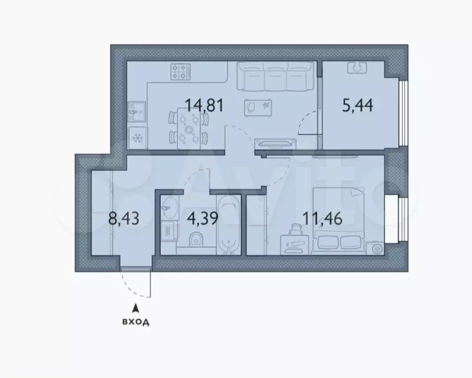 1-к. квартира, 44,5 м, 3/6 эт. - Фото 1