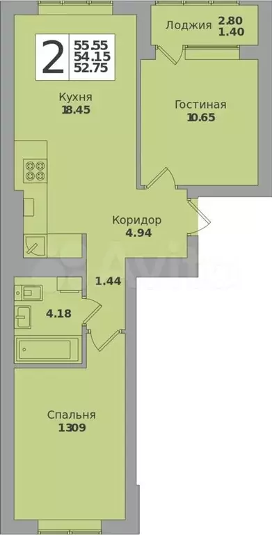 2-к. квартира, 55,6 м, 6/8 эт. - Фото 1