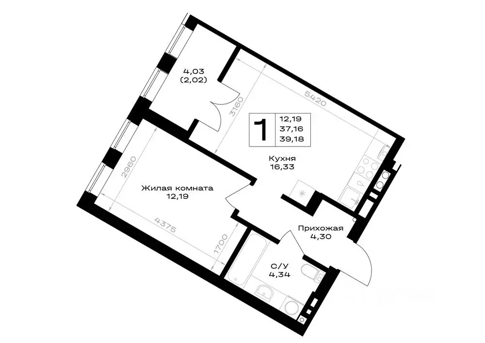 1-к кв. Калининградская область, Гурьевск Включи жилой комплекс (39.18 ... - Фото 1