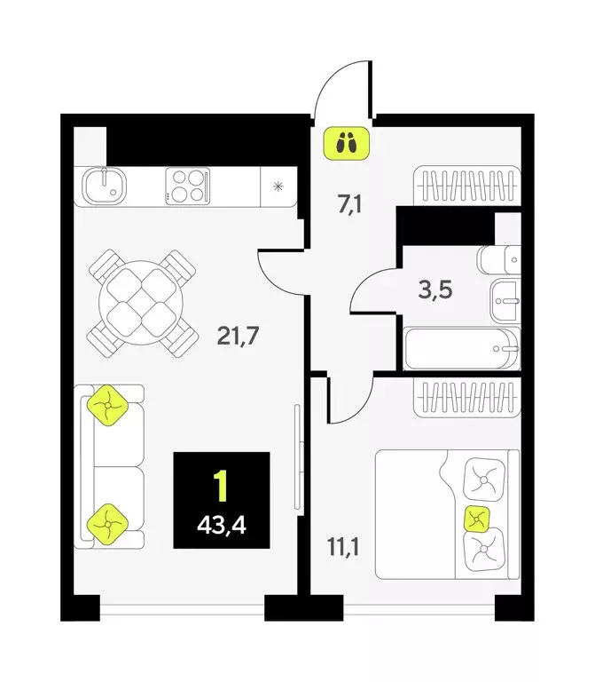 1-комнатная квартира: Тюмень, улица Ивана Чистякова, 3 (43.4 м) - Фото 1