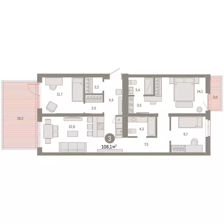 3-комнатная квартира: Тюмень, улица Республики, 205к3 (108.07 м) - Фото 2