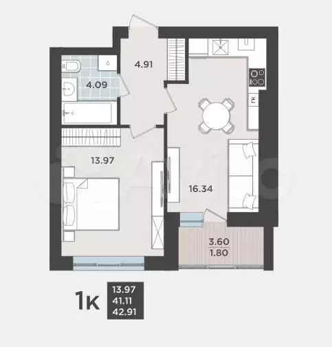 1-к. квартира, 41,1 м, 3/9 эт. - Фото 1