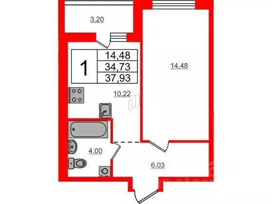 Квартира, 1 комната, 37.93 м - Фото 0
