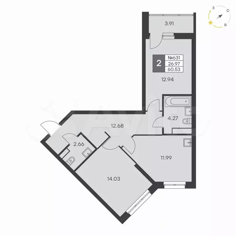2-к. квартира, 60,5 м, 12/25 эт. - Фото 0