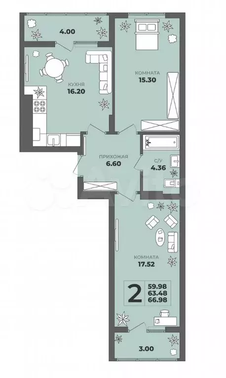 2-к. квартира, 63,5 м, 5/8 эт. - Фото 1