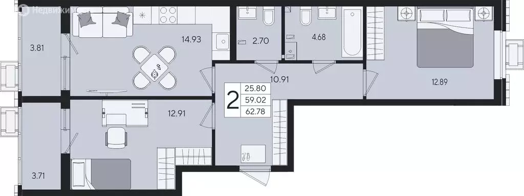 2-комнатная квартира: Краснодар (62.78 м) - Фото 2