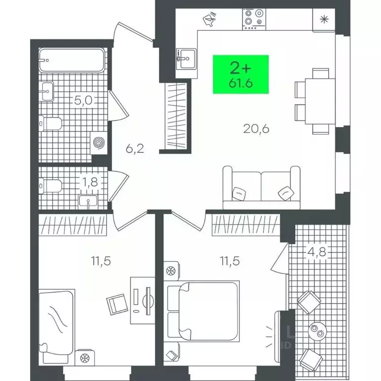 2-к кв. Тюменская область, Тюмень ул. Василия Малкова, 19 (61.65 м) - Фото 0