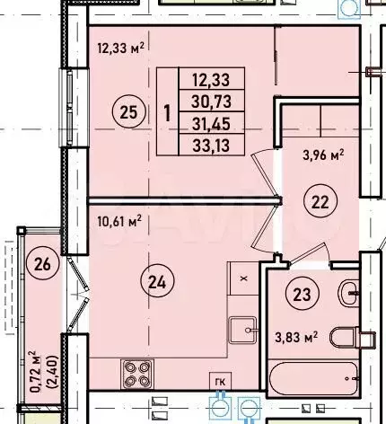 1-к. квартира, 31,5 м, 3/7 эт. - Фото 1
