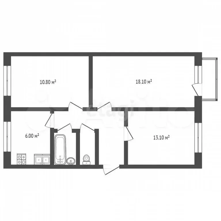 3-к. квартира, 62,4 м, 4/5 эт. - Фото 0