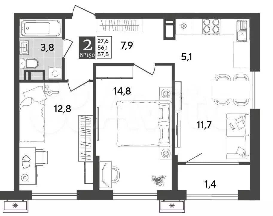 2-к. квартира, 57,5 м, 11/18 эт. - Фото 1