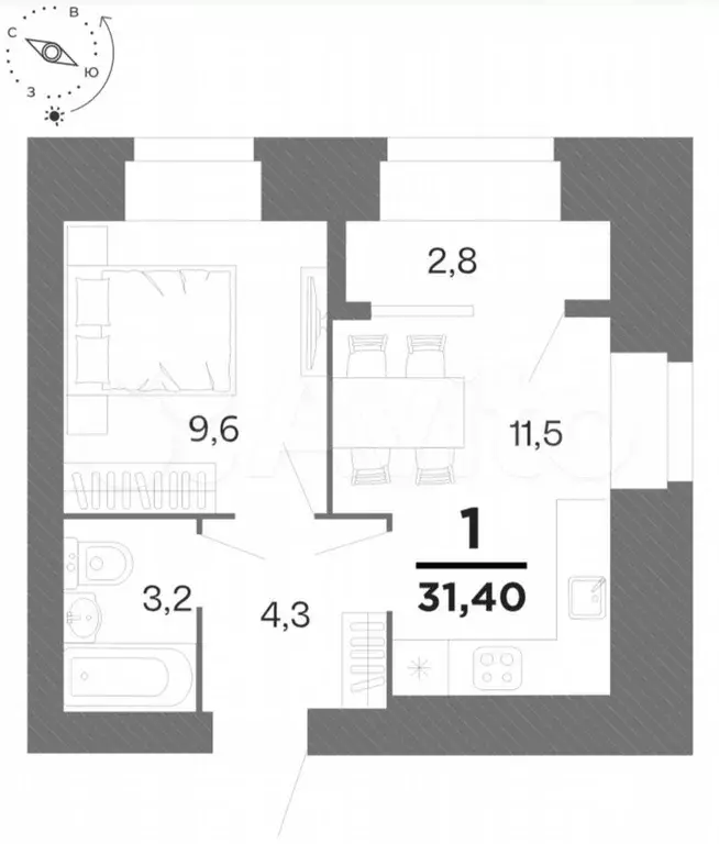 1-к. квартира, 31,4 м, 1/16 эт. - Фото 1