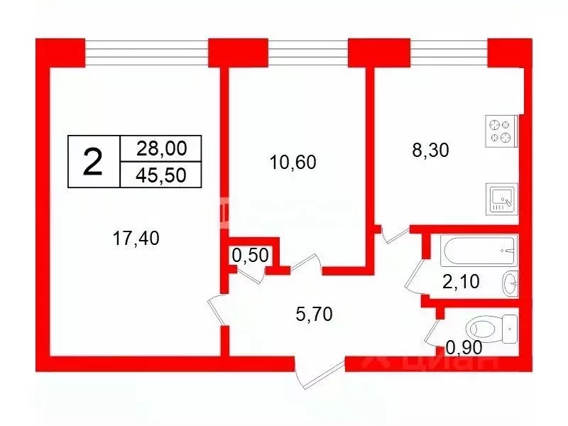 2-к кв. Санкт-Петербург ул. Замшина, 31К3 (45.5 м) - Фото 2
