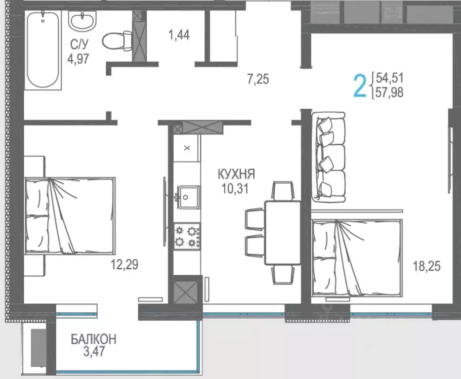 2-к кв. Крым, Симферопольский район, Гвардейское пгт ул. Курганная, ... - Фото 1