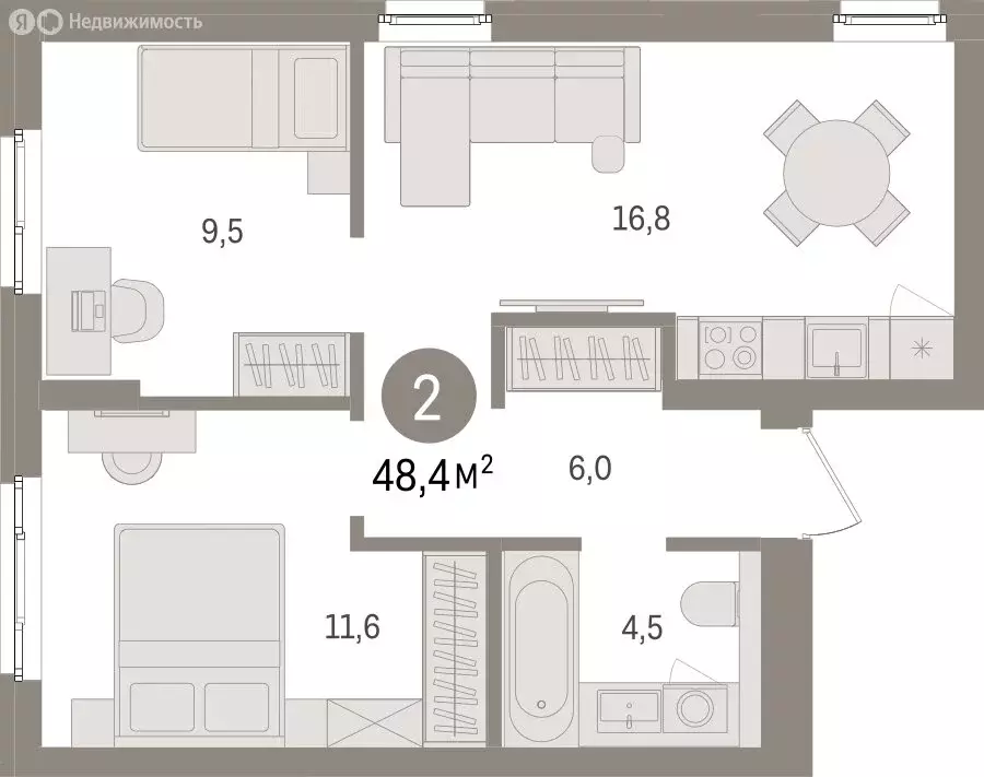 2-комнатная квартира: Новоселье, ЖК Брусника (48.35 м) - Фото 0