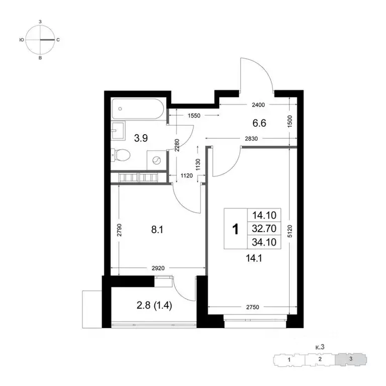 Квартира, 1 комната, 34.1 м - Фото 1