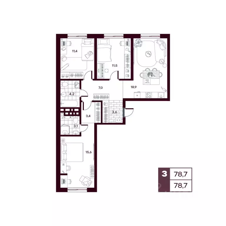 3-к кв. Тюменская область, Тюменский район, д. Дударева  (78.61 м) - Фото 0
