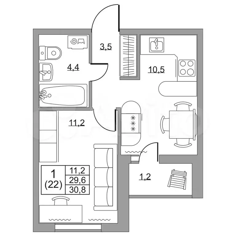 1-к. квартира, 30,8 м, 1/8 эт. - Фото 1