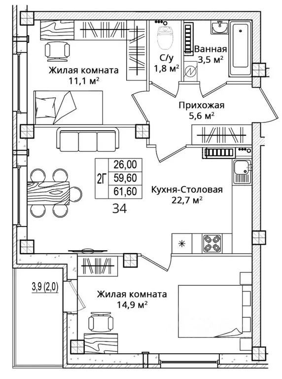 2-к кв. Псковская область, Псковский район, Завеличенская волость, д. ... - Фото 1