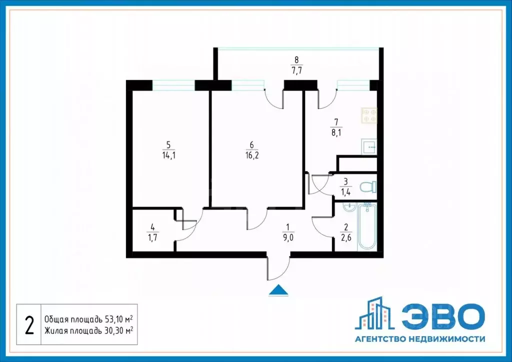 2-к кв. Санкт-Петербург ул. Маршала Казакова, 68к1 (53.1 м) - Фото 2