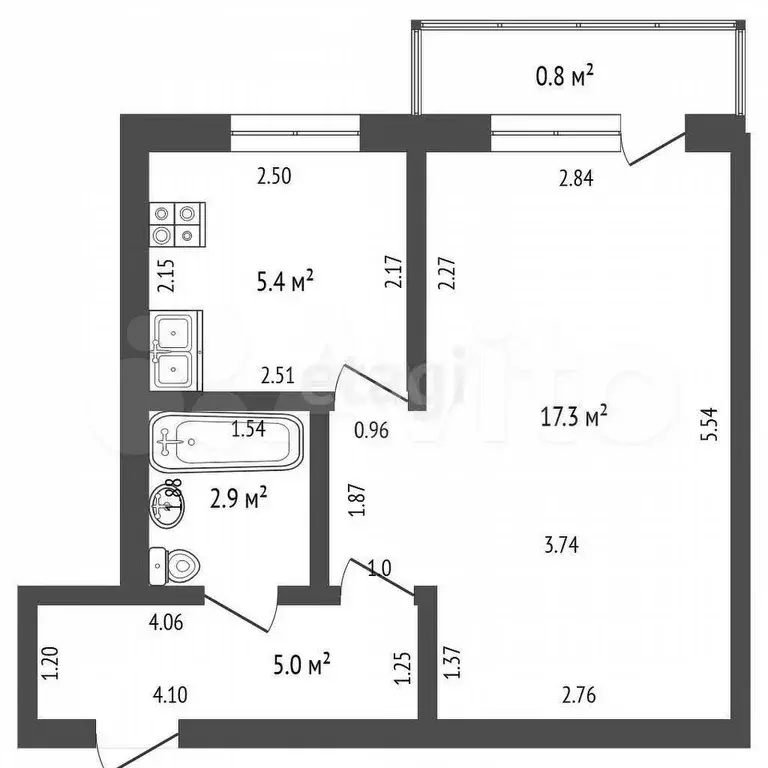 1-к. квартира, 30,6 м, 4/5 эт. - Фото 1