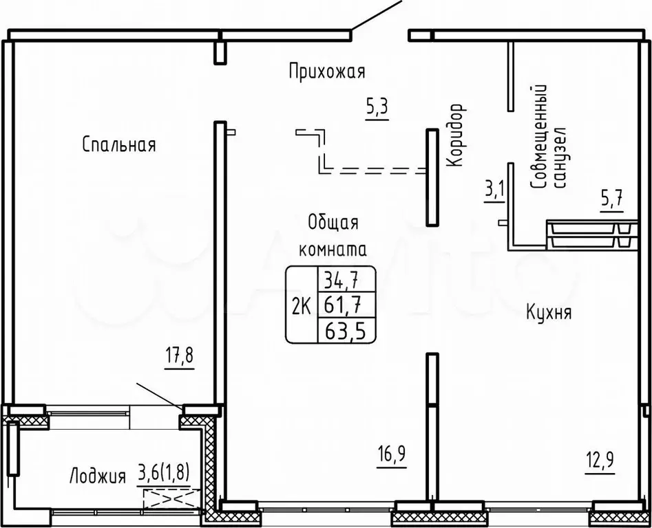 2-к. квартира, 63,5 м, 17/17 эт. - Фото 0