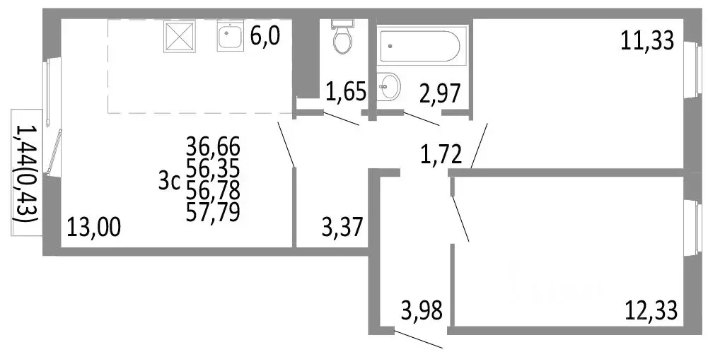 3-к кв. Челябинская область, Челябинск ул. Блюхера, 125Б (56.78 м) - Фото 0