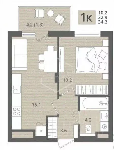 1-к кв. Калининградская область, Пионерский пос. Рыбное,  (34.2 м) - Фото 1
