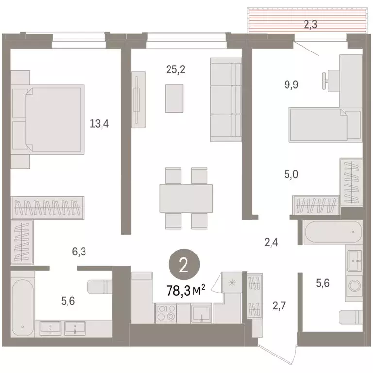 2-комнатная квартира: Новосибирск, улица Аэропорт, 90 (78.31 м) - Фото 2
