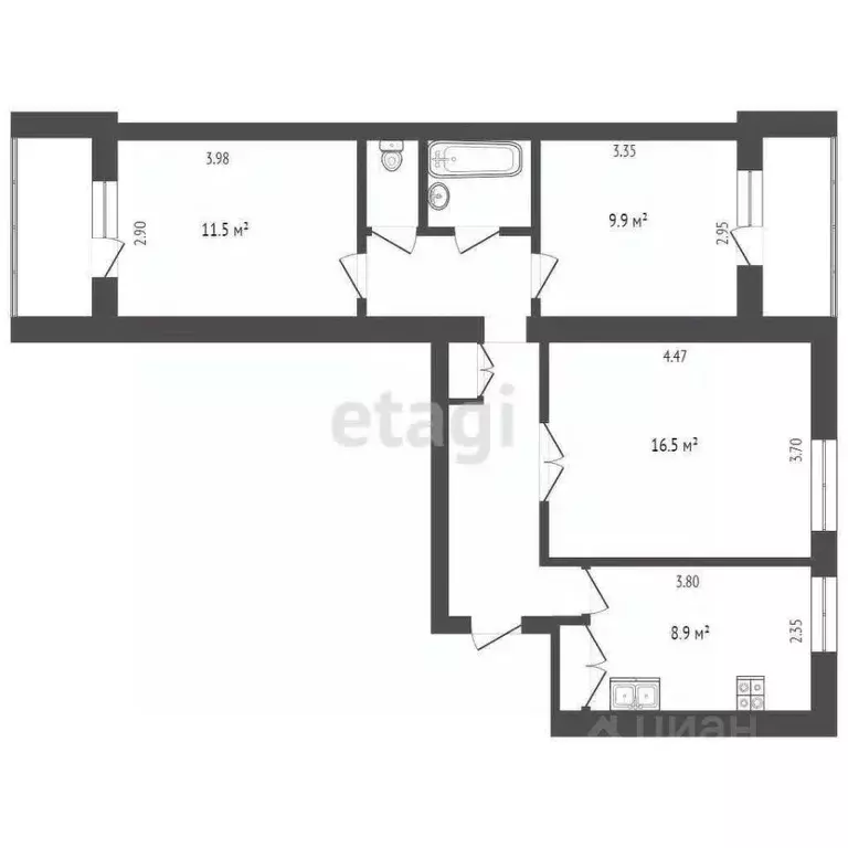3-к кв. Белгородская область, Белгород Вокзальная ул., 19а (60.1 м) - Фото 2