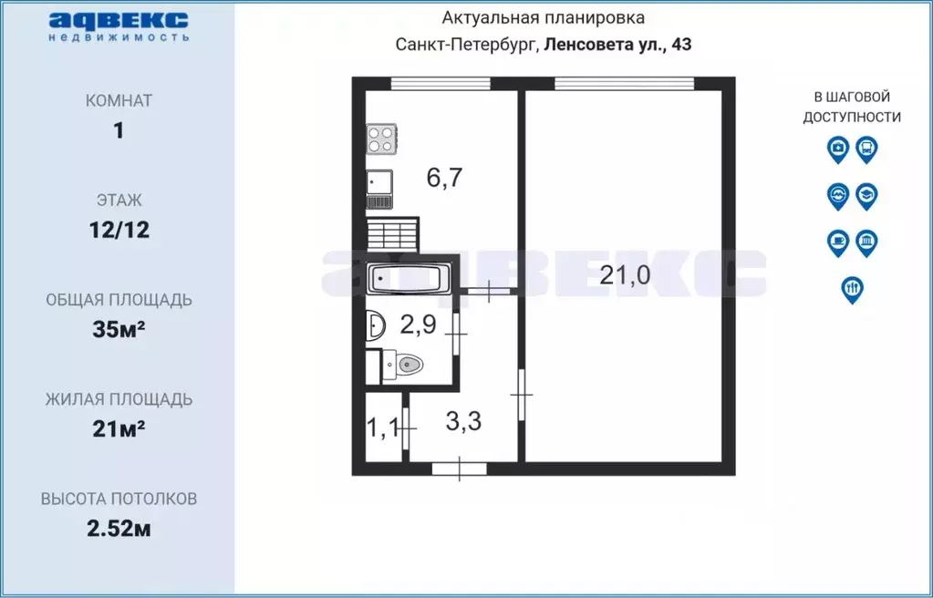 1-к кв. Санкт-Петербург ул. Ленсовета, 43 (35.0 м) - Фото 1