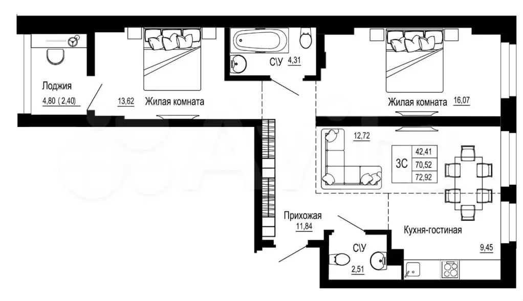 3-к. квартира, 72,5 м, 3/24 эт. - Фото 0