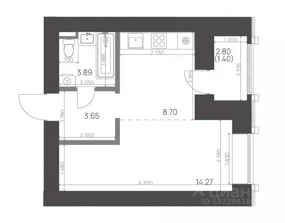 Студия Татарстан, Нижнекамск 15-й мкр, Калина жилой комплекс (31.91 м) - Фото 1