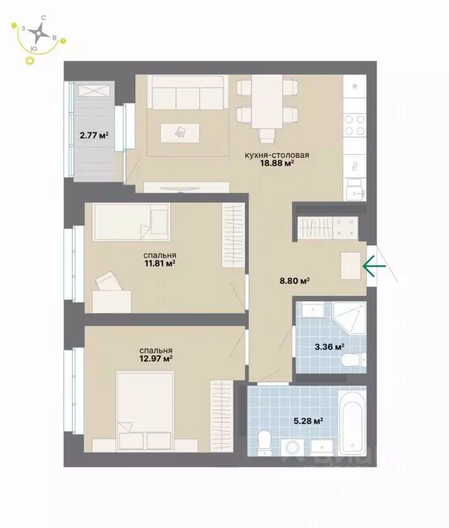 2-к кв. Свердловская область, Екатеринбург ул. Студенческая, 16 (63.87 ... - Фото 1