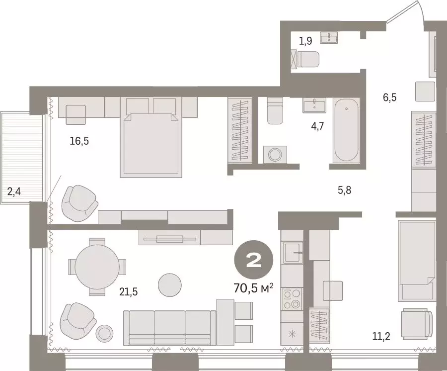 2-комнатная квартира: Тюмень, Краснооктябрьская улица, 4к3 (70.51 м) - Фото 1