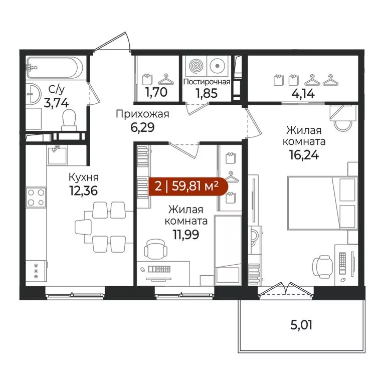 2-комнатная квартира: Всеволожский район, посёлок Щеглово (59.81 м) - Фото 1