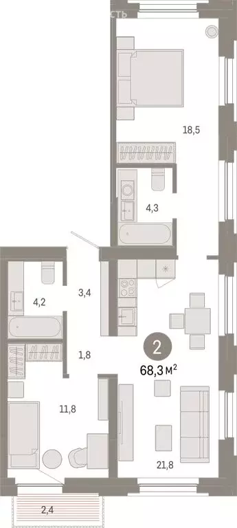 2-комнатная квартира: Тюмень, Мысовская улица, 26к2 (68.29 м) - Фото 1