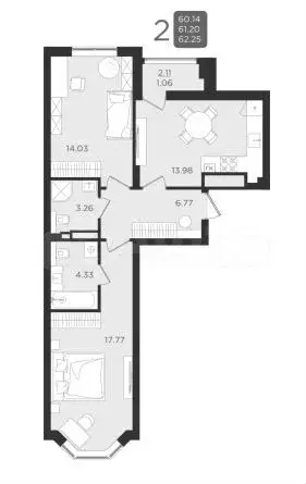 2-к. квартира, 61,4 м, 7/9 эт. - Фото 1
